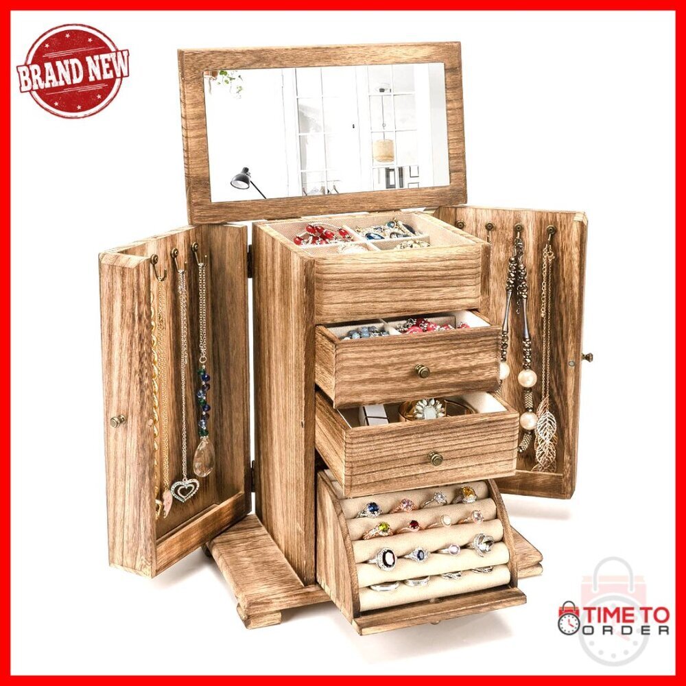 Wooden Jewelry Box Organizer with Mirror, 4 Layers for Rings Earrings Necklaces